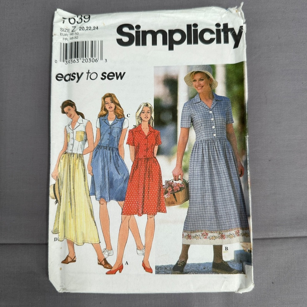 Simplicity 7639 Pattern Womens Midi Maxi Shirt Dress Sz 20-24 Uncut Prairie 90s